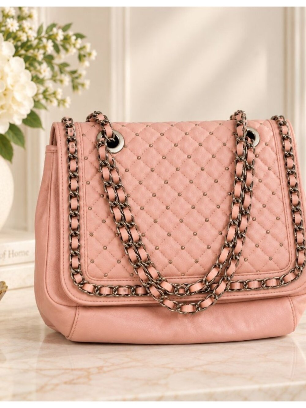 BODHI Pink Leather Quilted Shoulder Bag Studded Chain Purse Y2K Blush Handbag
